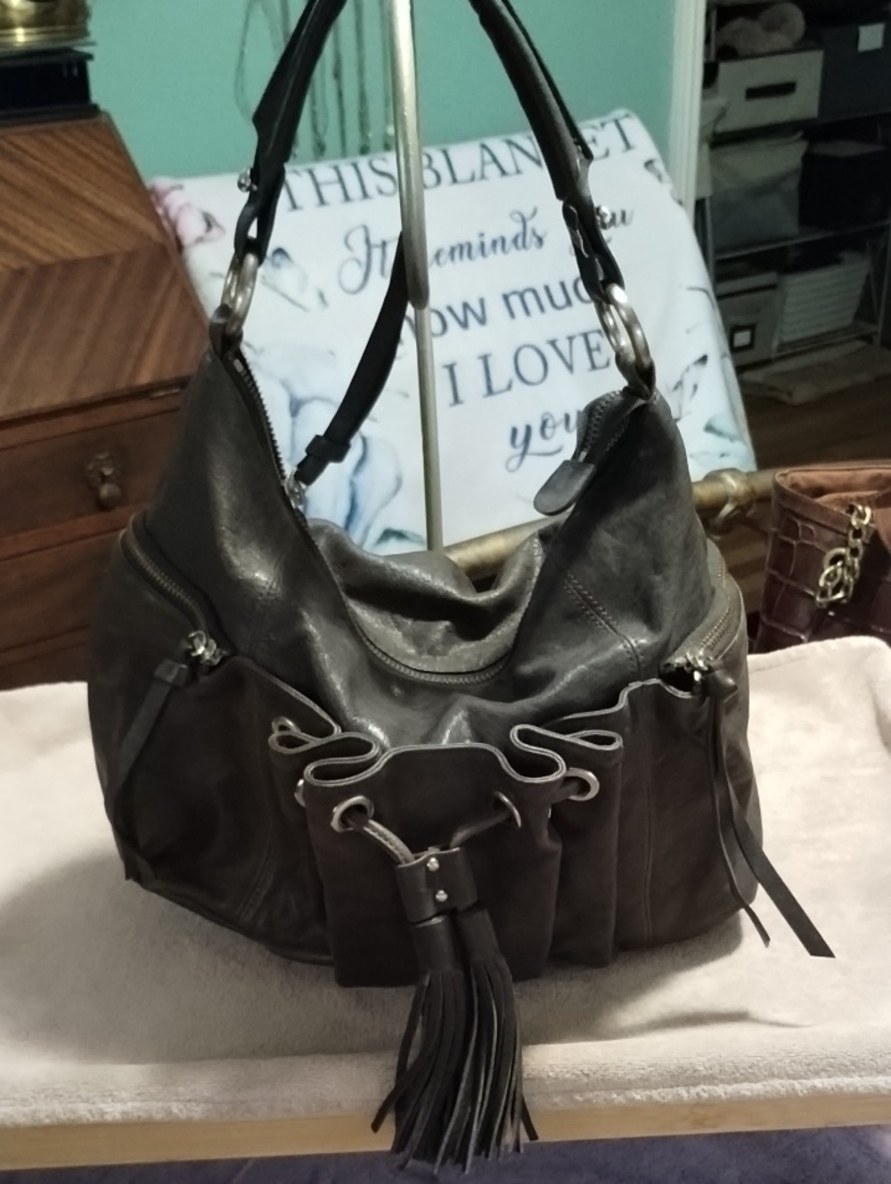 Women's Shoulder Hobo Bag in Dark Gray with Tassel Accent